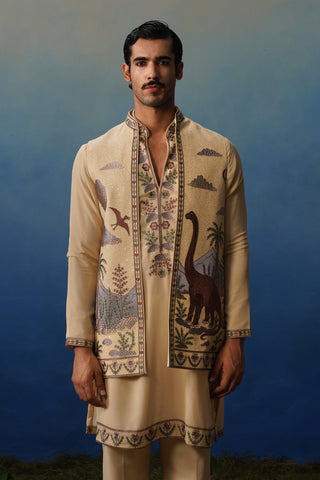 Dino Khaki V Neck Kurta Jacket Set with Pants