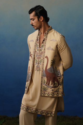 Dino Khaki V Neck Kurta Jacket Set with Pants
