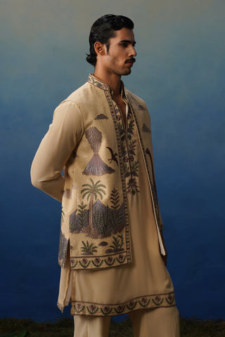 Dino Khaki V Neck Kurta Jacket Set with Pants