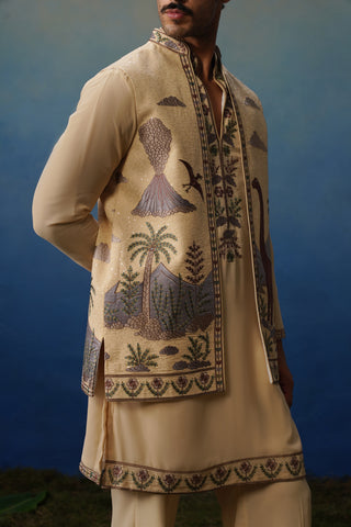 Dino Khaki V Neck Kurta Jacket Set with Pants
