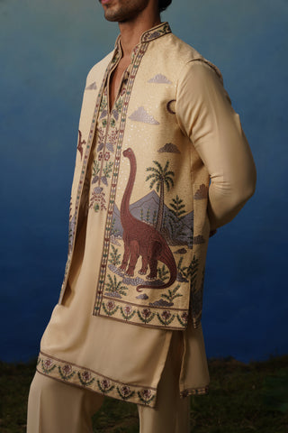 Dino Khaki V Neck Kurta Jacket Set with Pants