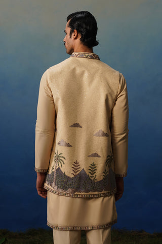 Dino Khaki V Neck Kurta Jacket Set with Pants