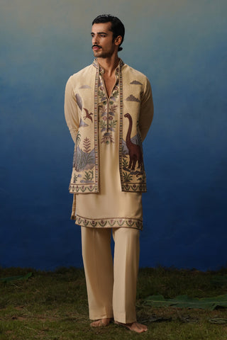 Dino Khaki V Neck Kurta Jacket Set with Pants
