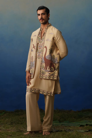 Dino Khaki V Neck Kurta Jacket Set with Pants