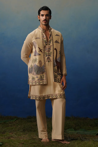 Dino Khaki V Neck Kurta Jacket Set with Pants