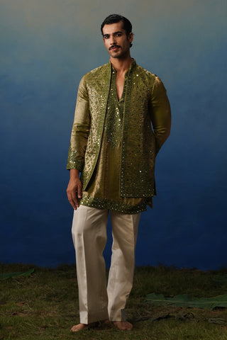 Azeel Mehndi Short Kurta Jacket Set with Pants