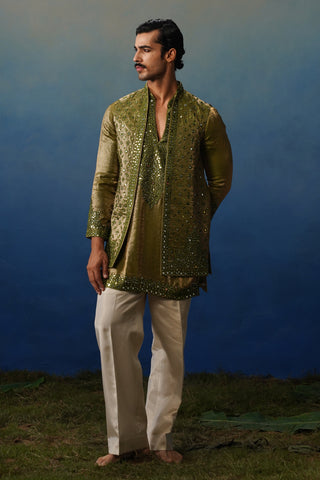 Azeel Mehndi Short Kurta Jacket Set with Pants