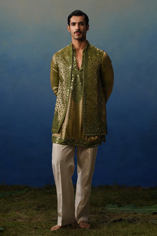 Azeel Mehndi Short Kurta Jacket Set with Pants