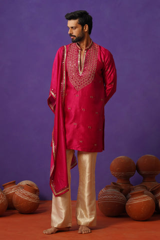 ZOHAYR HOT PINK V-NECK MIRROR KURTA DUPATTA SET