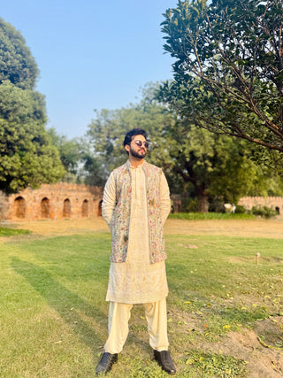 MAVERIC MAAZ IN PHOOLPANKH SKYBLUE KURTA JACKET PATIYALA SET