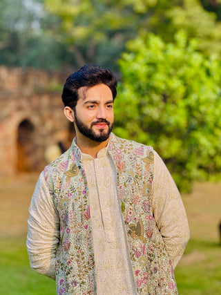 MAVERIC MAAZ IN PHOOLPANKH SKYBLUE KURTA JACKET PATIYALA SET