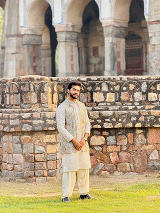 MAVERIC MAAZ IN PHOOLPANKH SKYBLUE KURTA JACKET PATIYALA SET