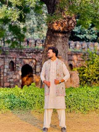 MAVERIC MAAZ IN PHOOLPANKH SKYBLUE KURTA JACKET PATIYALA SET