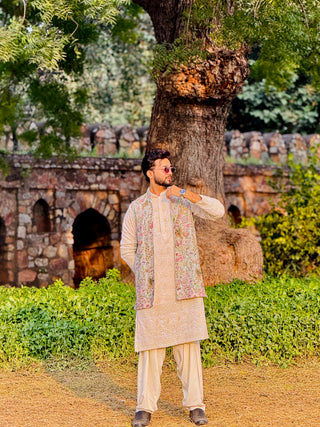 MAVERIC MAAZ IN PHOOLPANKH SKYBLUE KURTA JACKET PATIYALA SET