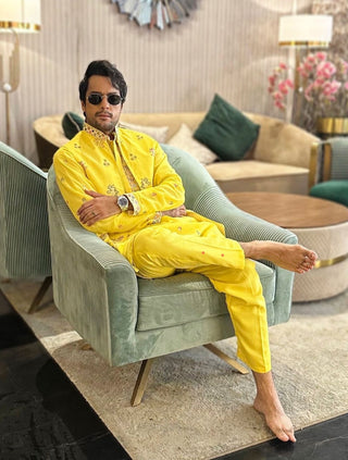 Gaurav S Bajaj in Daksha Real Mirror Work Yellow Kurta Jacket Set With Trouser And Dupatta