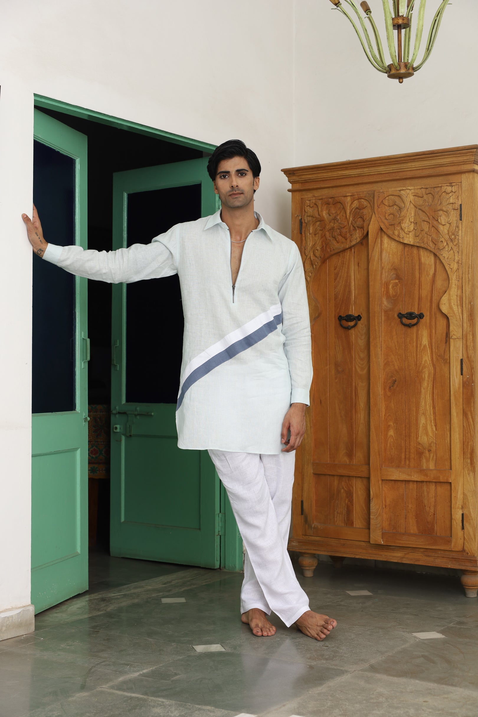 Tejas Powder Blue Linen Pathani Set