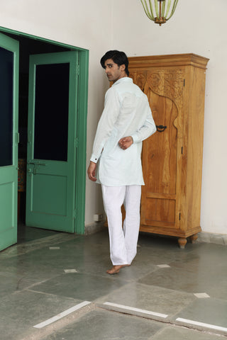 Tejas Powder Blue Linen Pathani Set