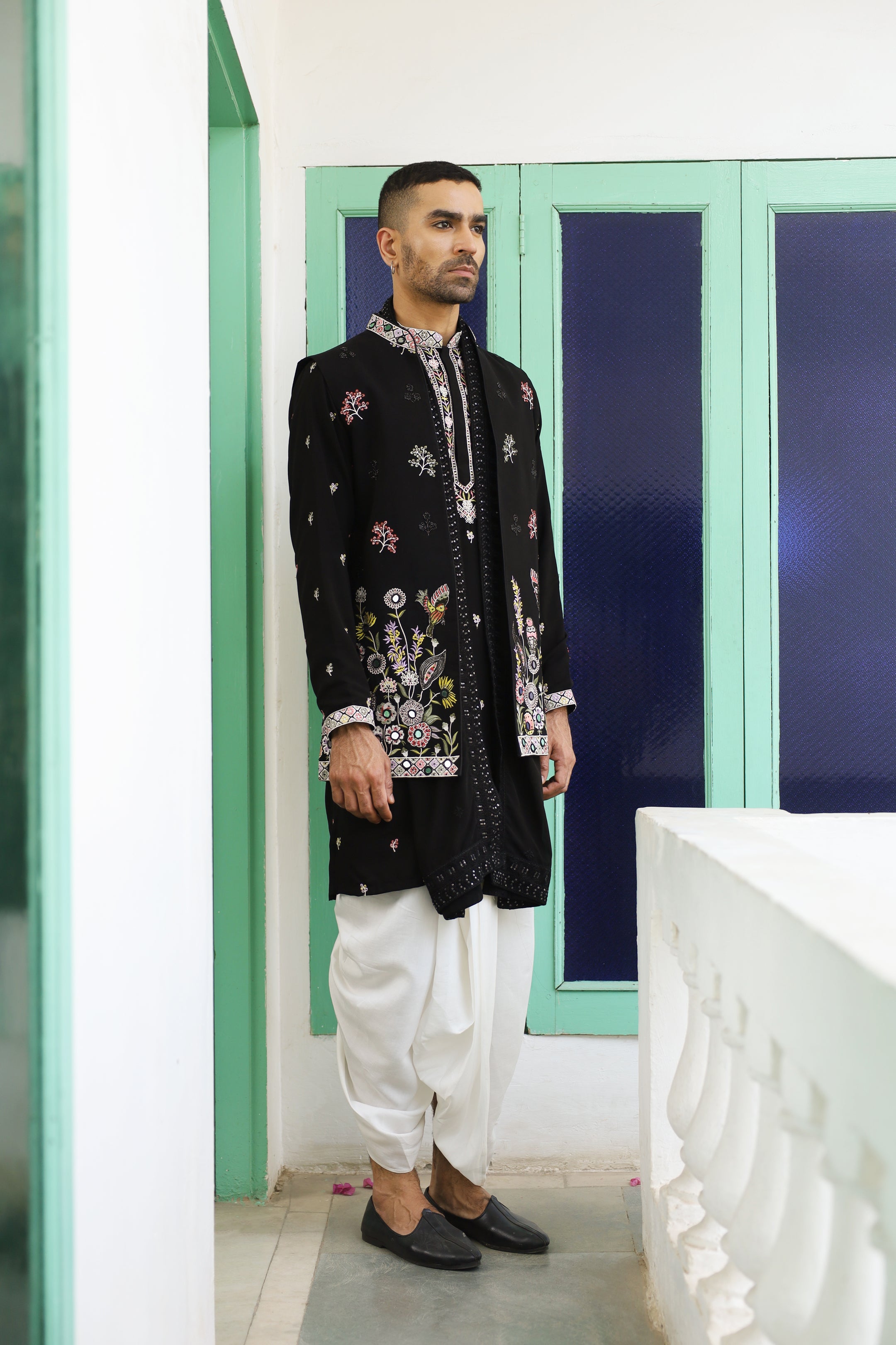 Dhruv Real Mirror Work Black Kurta Jacket Set With Dhoti And Dupatta