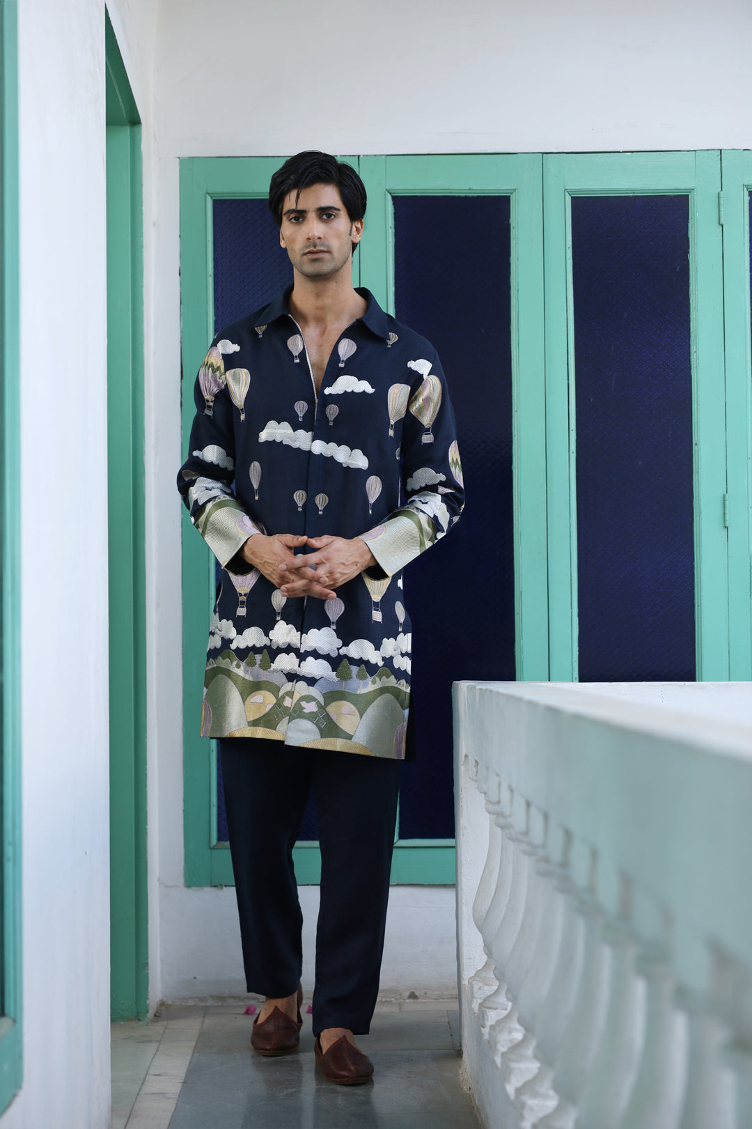 Anunay Navy Blue Linen Zipper Front Open Kurta Set