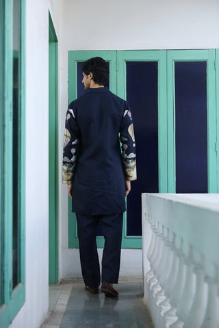 Anunay Navy Blue Linen Zipper Front Open Kurta Set