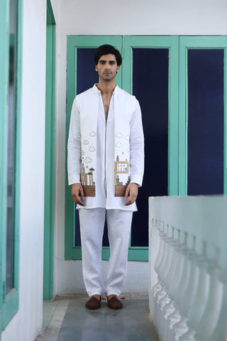 Sameer White Linen Front Open Long Jacket Set