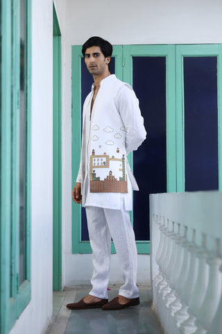 Sameer White Linen Front Open Long Jacket Set