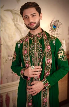 Jainam Vora in Deer Garden Bottle Green Kurta Set