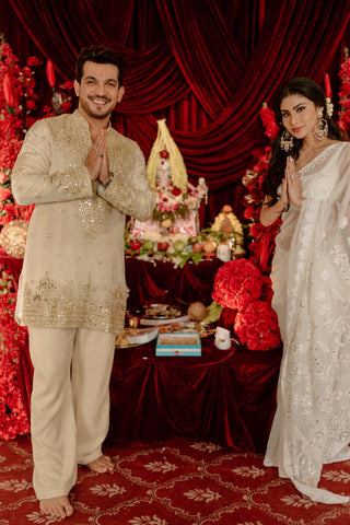 Arjun Bijlani in Arya Beige V Neck Short Kurta Set with Pants