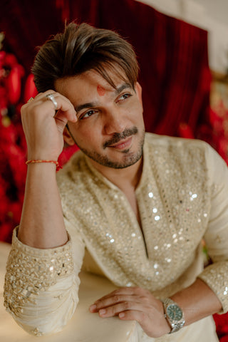 Arjun Bijlani in Arya Beige V Neck Short Kurta Set with Pants