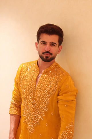 Jay Bhanushali in Arya Yellow V Neck Short Kurta Set with Pants