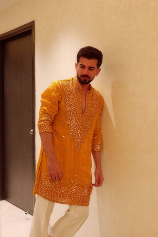 Jay Bhanushali in Arya Yellow V Neck Short Kurta Set with Pants