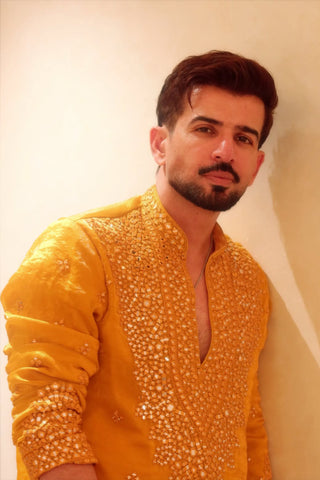 Jay Bhanushali in Arya Yellow V Neck Short Kurta Set with Pants
