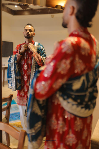 Prateek Chauhan in Pravar Red Kurta Set