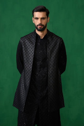 EMBROIDERED BLACK KURTA JACKET SET