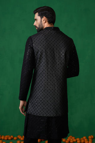 EMBROIDERED BLACK KURTA JACKET SET