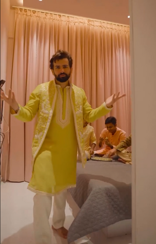 Jay Bhanushali in Aditya Haldi Kurta Set with Jacket and Dupatta