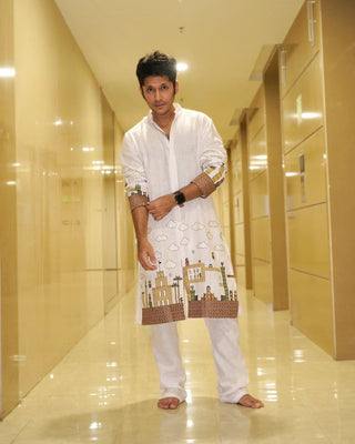 Karan Sharma in Anant Off White Linen Zipper Front Open Kurta Set