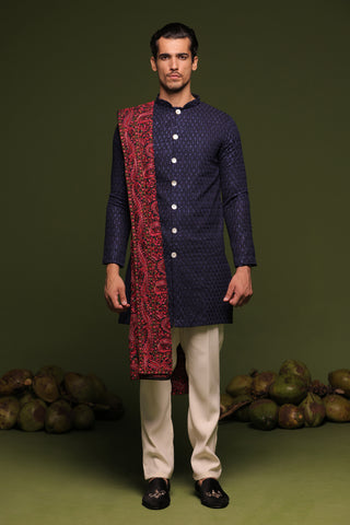 Aviral Navy Front Open Kurta trouser set with dupatta