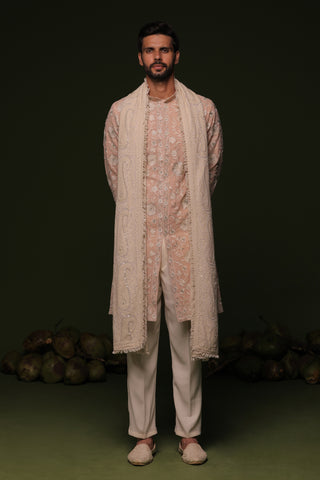 Ilesh peach front open kurta set with trouser and dupatta