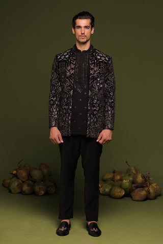 Raghunandan Black Jodhpuri set with short kurta and trouser