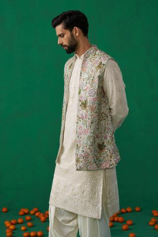 MAVERIC MAAZ IN PHOOLPANKH SKYBLUE KURTA JACKET PATIYALA SET