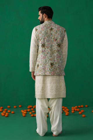 MAVERIC MAAZ IN PHOOLPANKH SKYBLUE KURTA JACKET PATIYALA SET