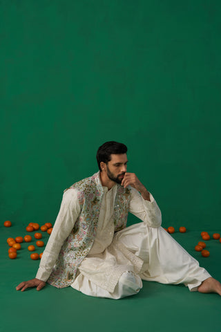 MAVERIC MAAZ IN PHOOLPANKH SKYBLUE KURTA JACKET PATIYALA SET