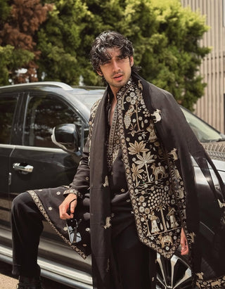 PARAS BHUSHAN KALNAWAT in Zubir Pichwai Zari Black Kurta Jacket Set