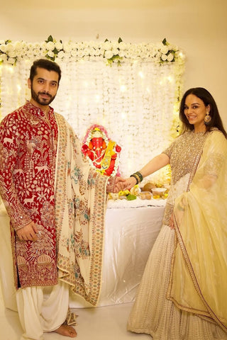 Sharad Malhotra in Nazm Maroon Kurta Set with Patiyala and Dupatta