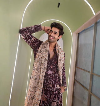 Rishabh Jaiswal in Kaif Giraffe Wine Kurta Set