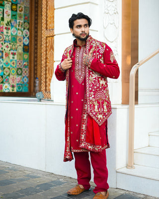 Krishna Sharma in Aariz Pichwai maroon Kurta Jacket Set