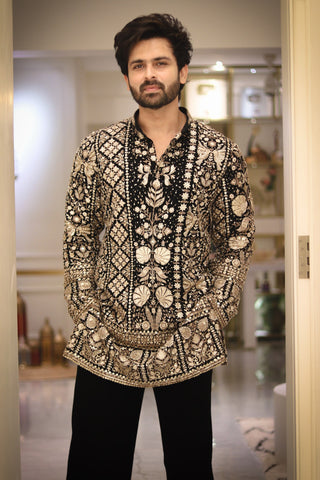 SHOAIB IN SANJH CUTDANA BLACK SHORT KURTA SET