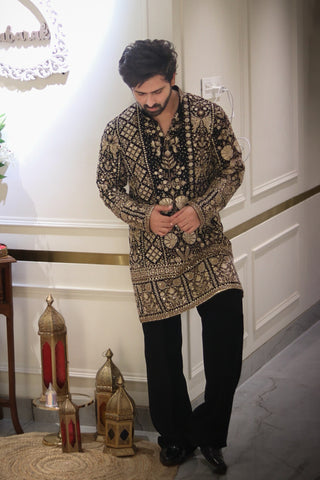 SHOAIB IN SANJH CUTDANA BLACK SHORT KURTA SET