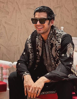 PARAS BHUSHAN KALNAWAT in Zubir Pichwai Zari Black Kurta Jacket Set